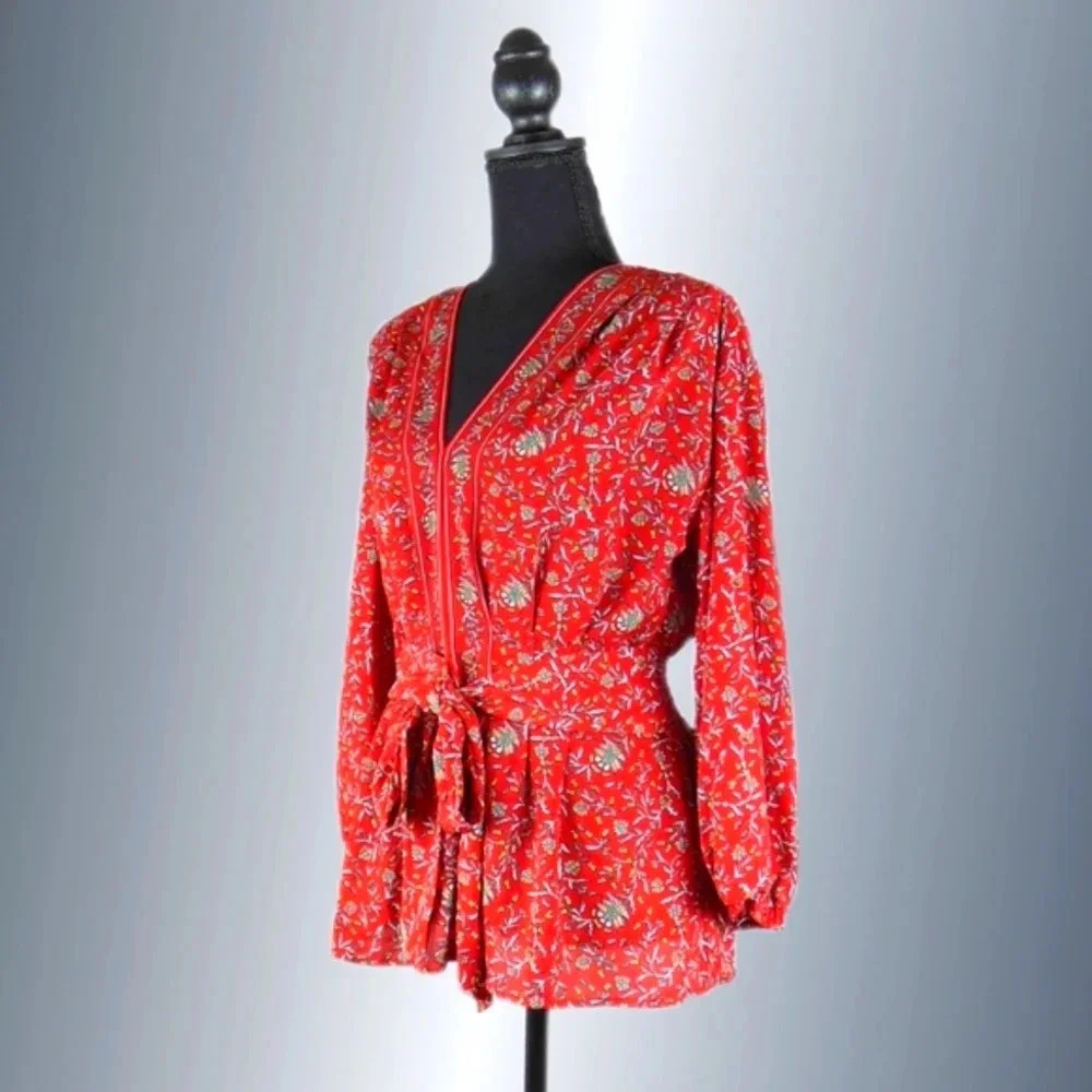 Max Studio Red Floral Blouse Long Sleeve Tie Front-Size M
